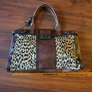 Fossil Vintage Reissue Weekender Leopard Cheetah Brown leather satchel purse XL